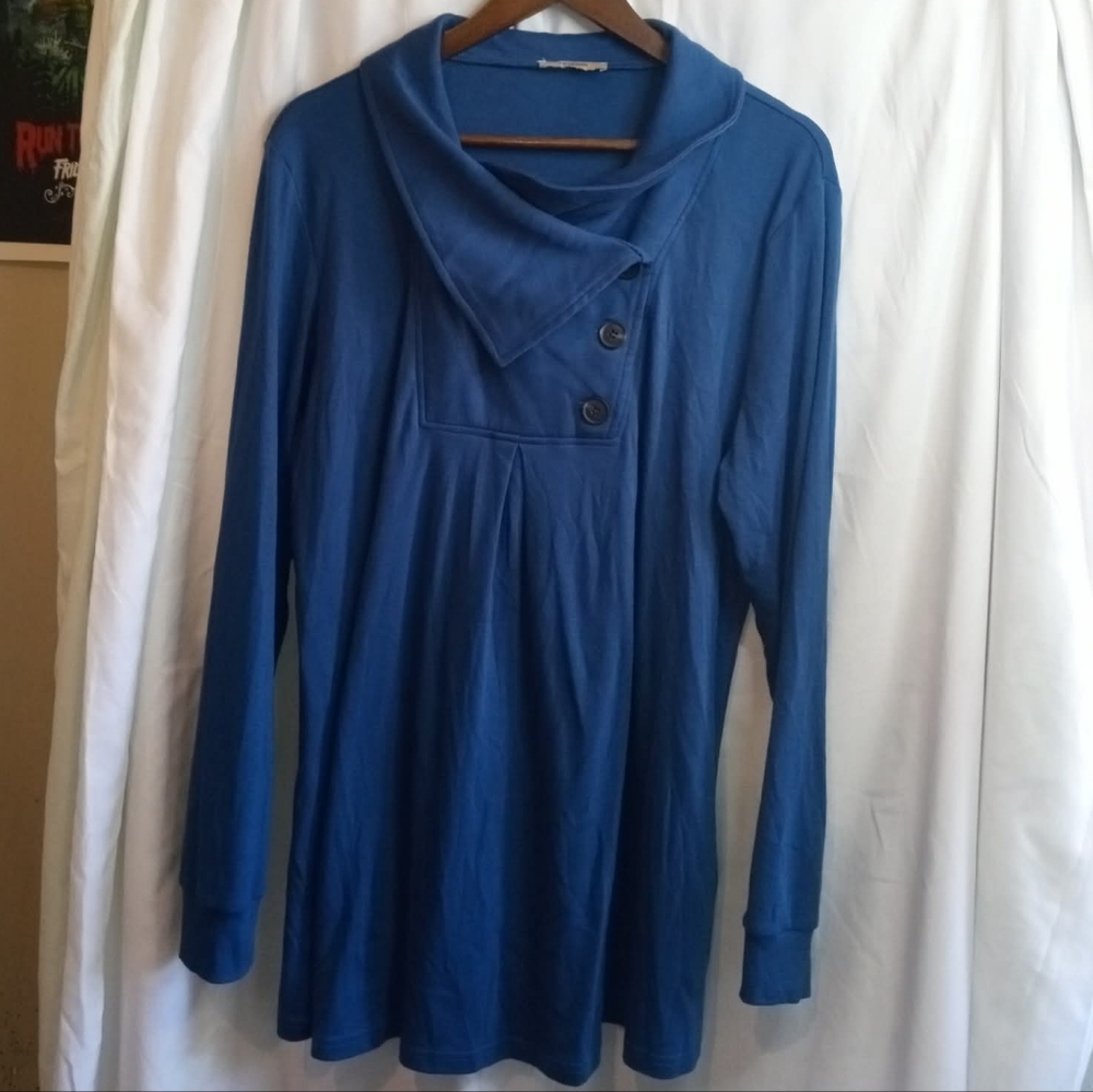 Timeson XXL Blue Tunic Top Button Cowl Shaw Neck Plus Scandi Coastal Lagenlook